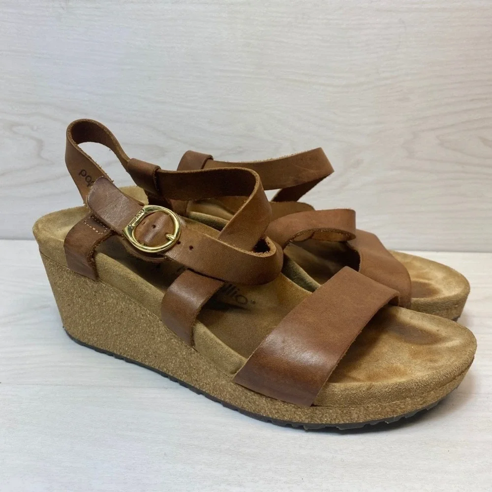 Papillio Womens 40 Wedge Sandals Lana Brown Leather Cork Platform Ankle Strap